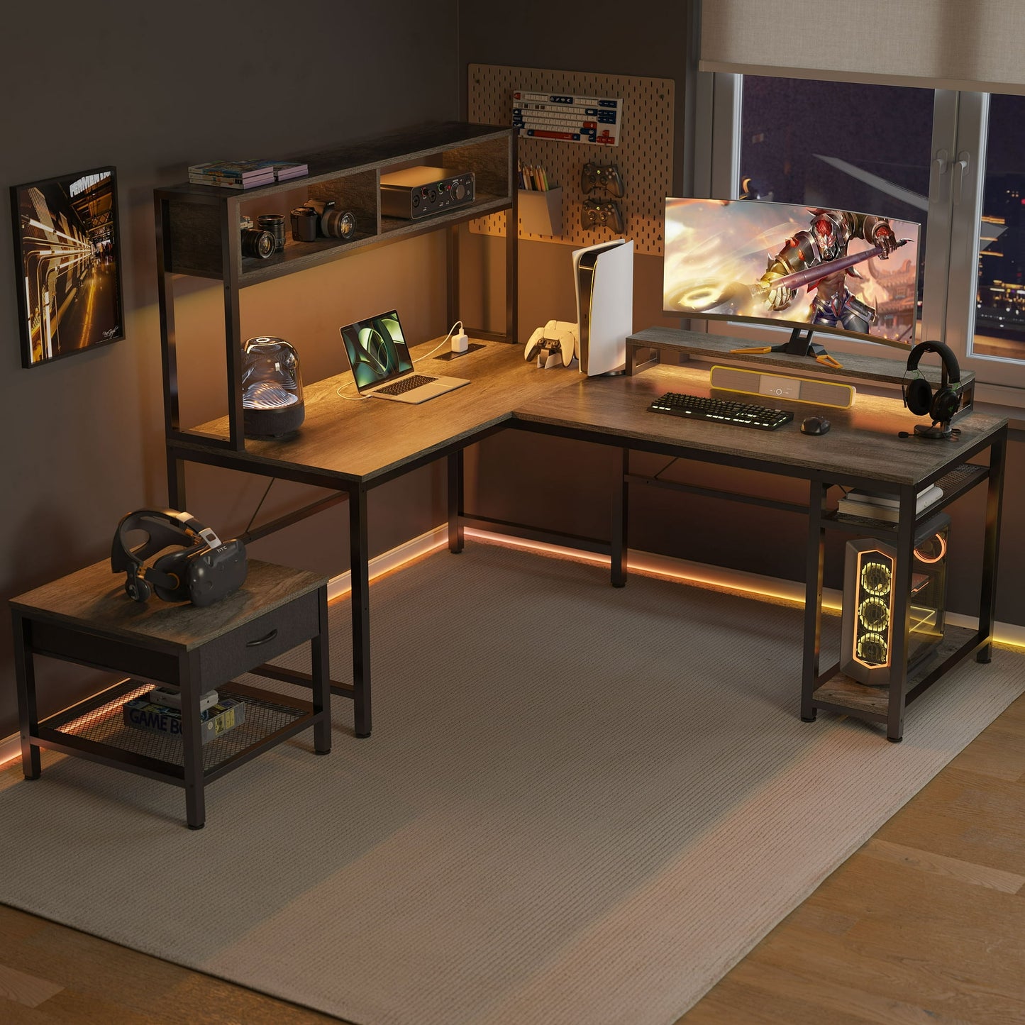 67'' L Shaped Computer Desk with Hutch & Monitor Stand Reversible L-Shaped Gaming Desk with Power Outlet & LED Strip for Home Office, Grey - Walmart.com