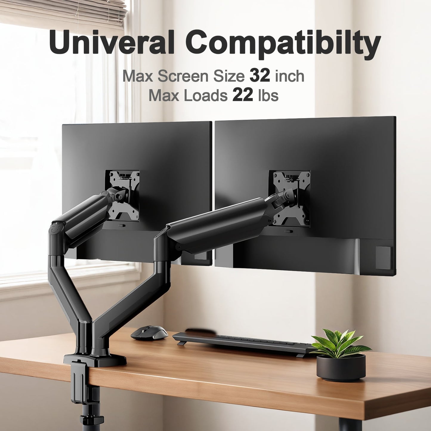 Dual Monitor Mount Stand for 13-32 inch Screens, 360° Heavy Duty Adjustable Arm Desk Mount with Tilt, Swivel, Rotation, Holds Up to 22lbs per Monitor Arm