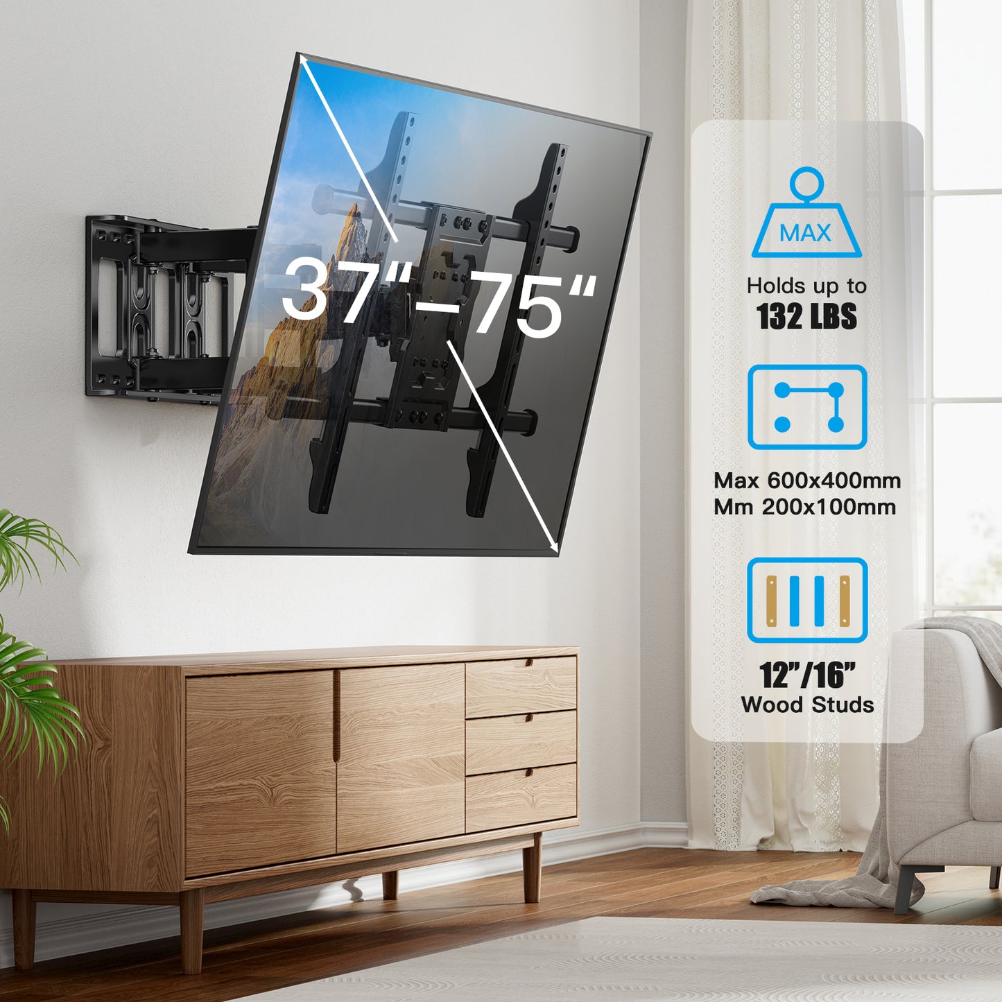 TV Wall Mount Full Motion for Most 37-75 Inch LED LCD OLED Flat Curved Screen, Wall Bracket TV Mount with Articulating Arms Swivel Tilt Leveling Holds up to 132lbs Max 600x400mm