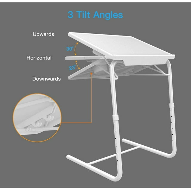 CHITOOMA Adjustable TV Tray Table with Cup Holders, Portable Dinner Tray Table, Foldable, 6 Heights&3 Tilt Angle for Living Room Office Bedroom, White