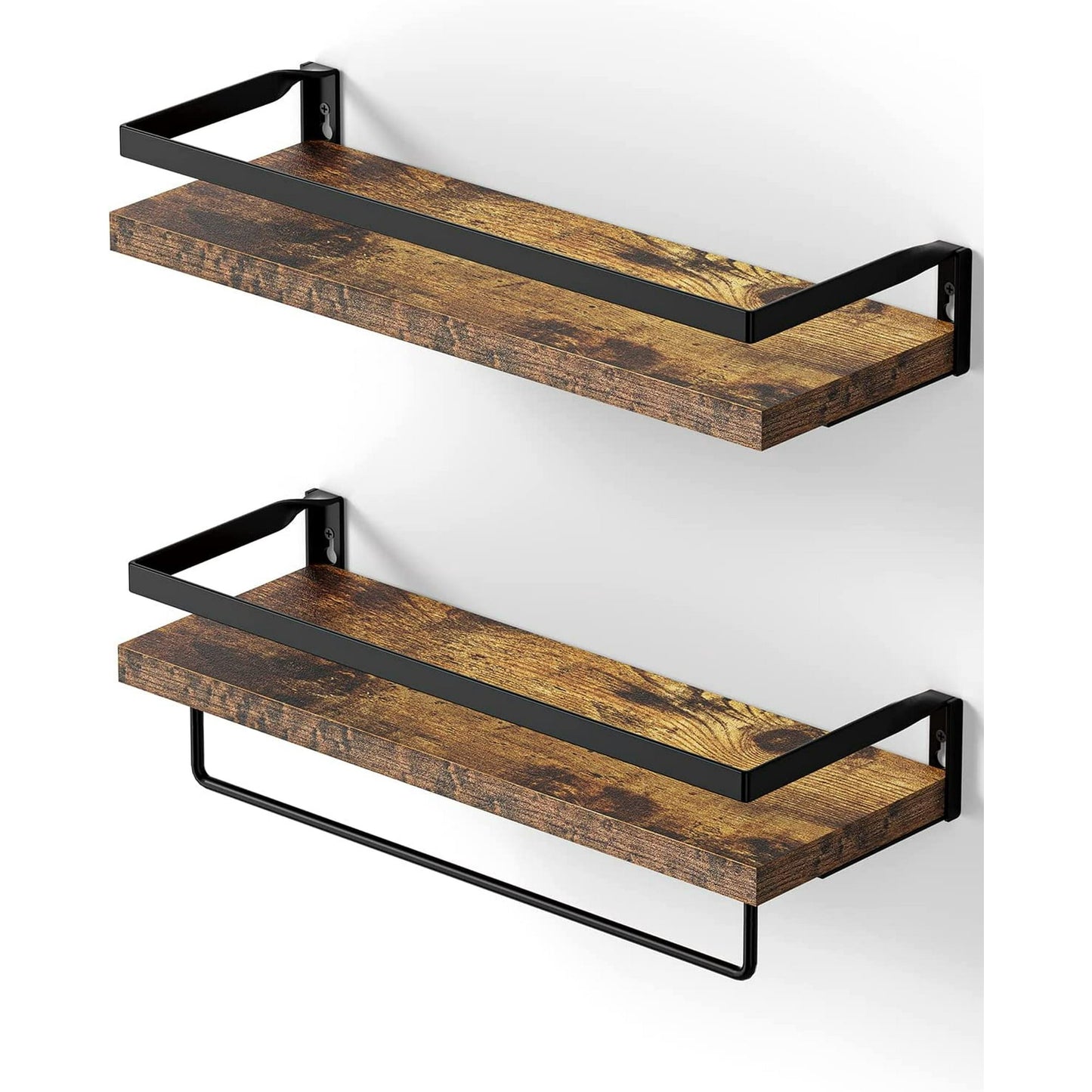 2 Pack Wall Decor Wood Rustic Floating Shelves, Storage Shelves with Towel Bar for Bathroom, Kitchen, Bedroom, Living Room