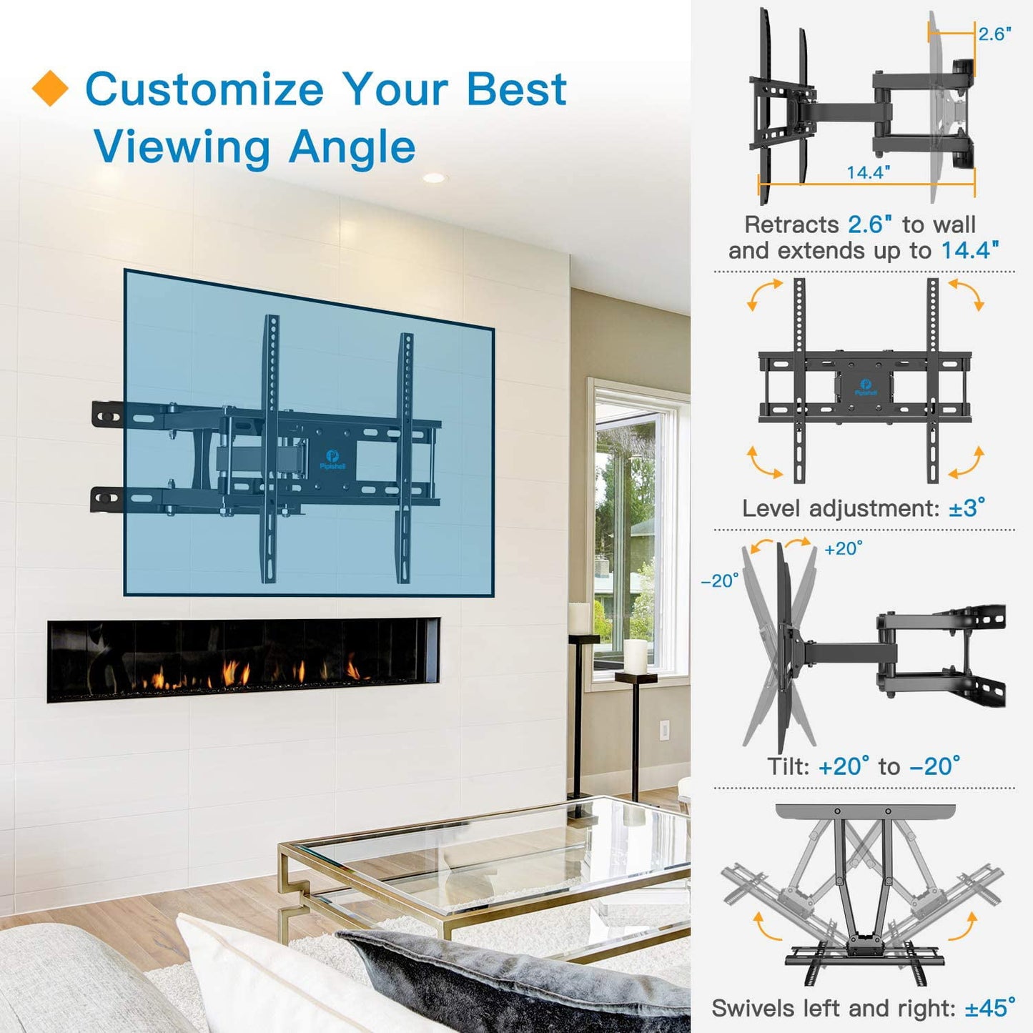 MountFTV Full Motion Articulating Swivel TV Wall Mount Bracket TV Stand for 26-65" LED LCD OLED Flat Curved Screen TVs,Max 400x400mm