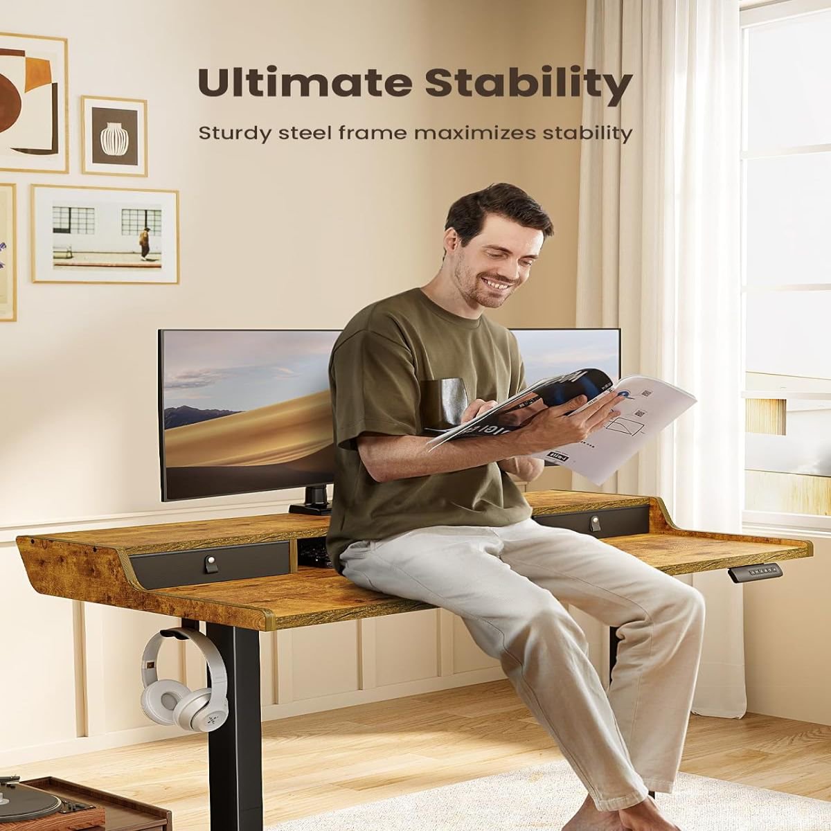 Electric Standing Desk with Drawers, 48″ x 24″ Gaming Desk with Monitor Stand,Brown