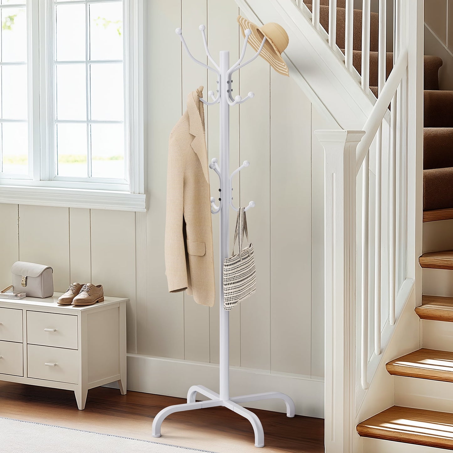 CHITOOMA 14 Hooks Coat Rack Stand Metal Storage Rack Floor Hat Clothing Display Stand, White