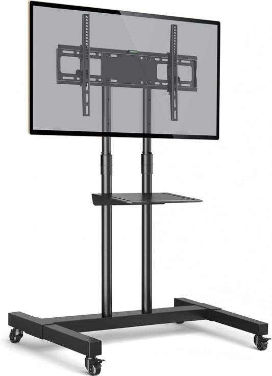MountFTV Rolling TV Cart Floor Stand with Mount on Tilt Metal Wheels Height Adjustable for 24-60 Inch Flat Screen or Curved, TVs Monitors Display Trolley Loading 55 lbs, Max 300x300mm
