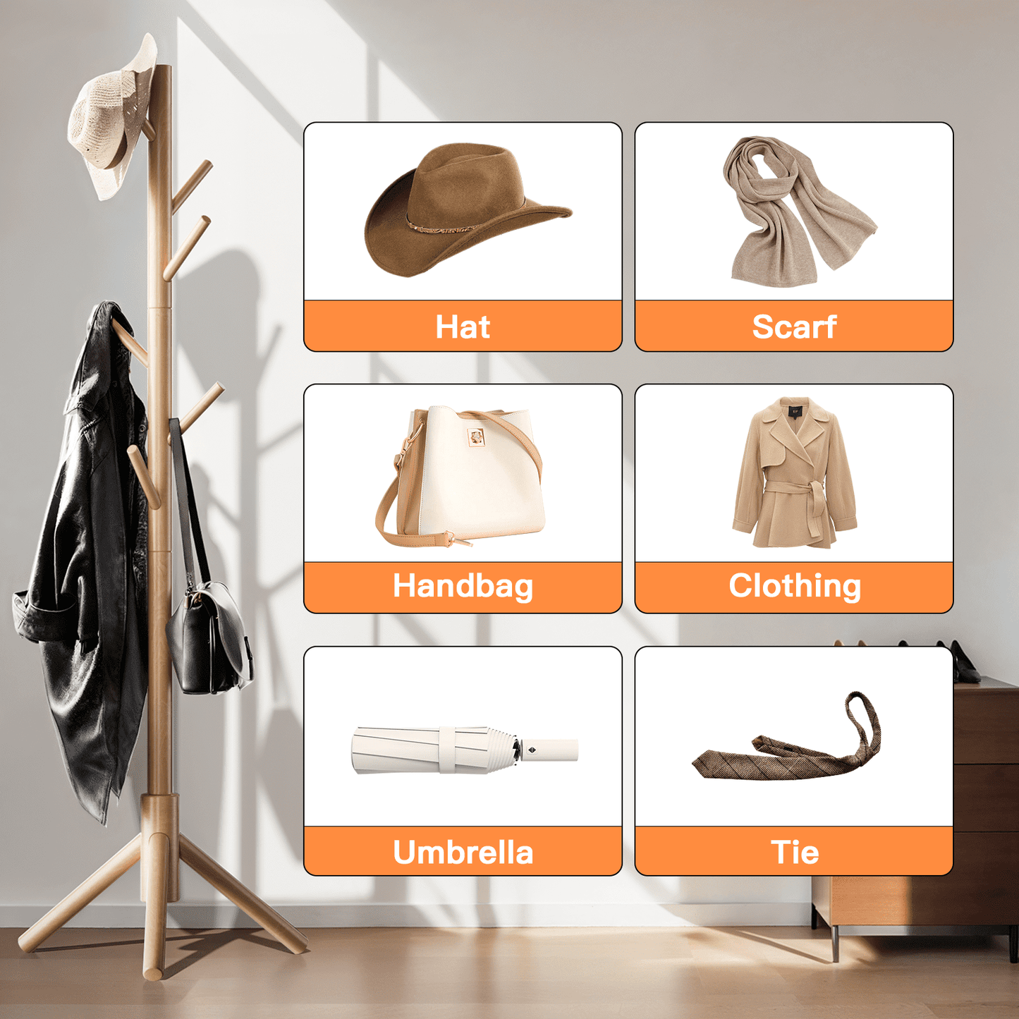 Coat Rack Stand with 3 Height Options and 8 Hooks Wooden Freestanding Coat Rack for Home, Office, Entryway, Hallway