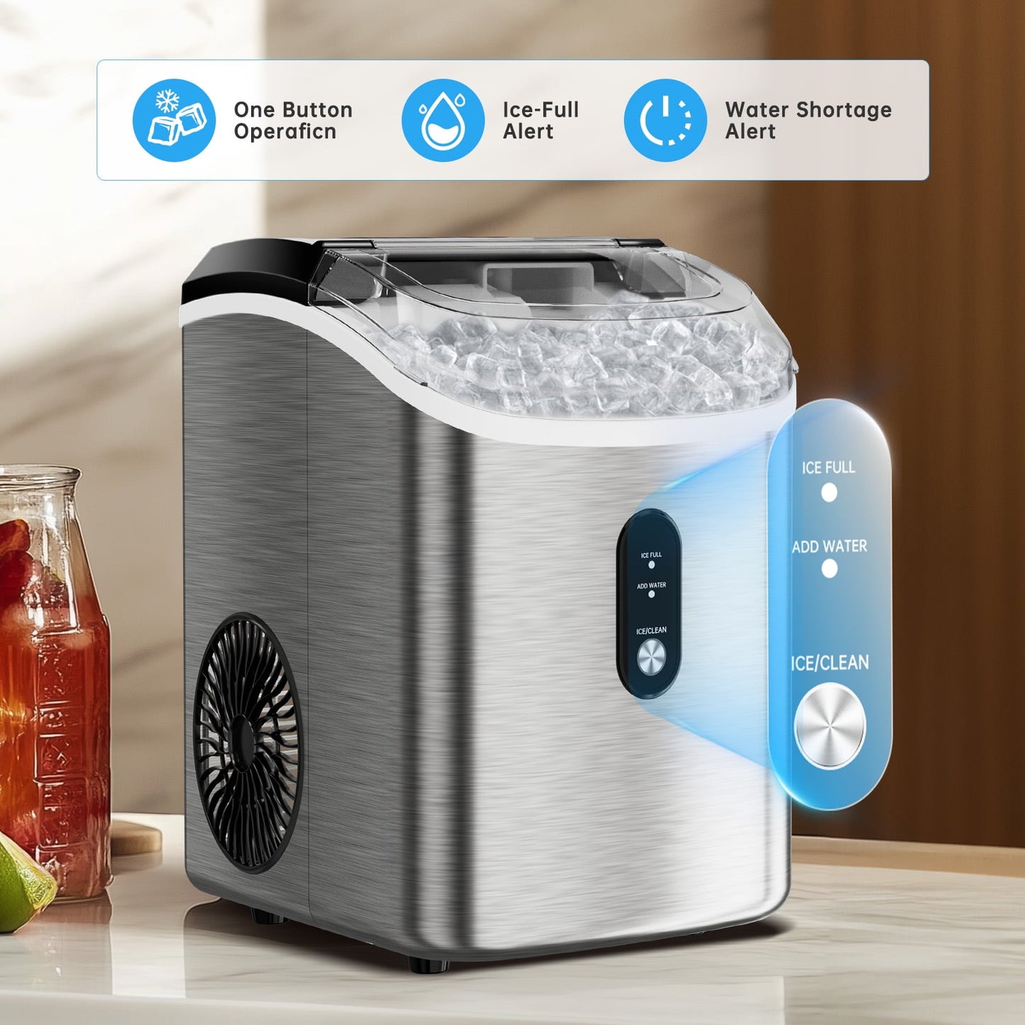 Philergo Nugget Ice Maker Countertop, 35lbs/24H with Self-Cleaning Function Pellet Ice Maker for Home, Kitchen, Office, Stainless Steel