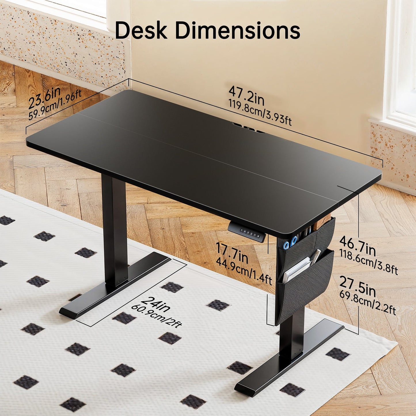 CHITOOMA Electric Standing Desk with Storage Bag, 48" x 24" Adjustable Height Sit to Stand Desk with 4 Memory Pre-Set, Headphone Hook for Home Office, Black