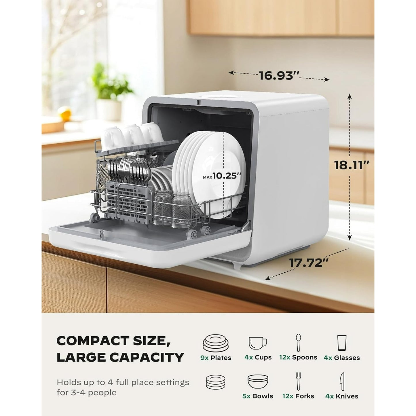 Philergo Portable Mini Countertop Dishwasher Built-in 5L Water Tank Auto Air-Dry, 7 Washing Programs, 4 Place Settings for Small Apartment, RVs, No Hookup Needed