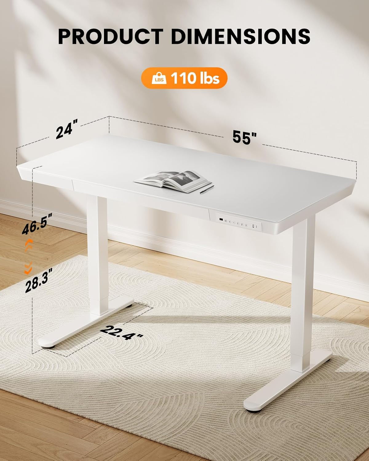 One Piece Glass Top Standing Desk with Drawer and Charging Ports, 55" x 24" Electric Height Adjustable Desk, Sit Stand up for Home Office, White