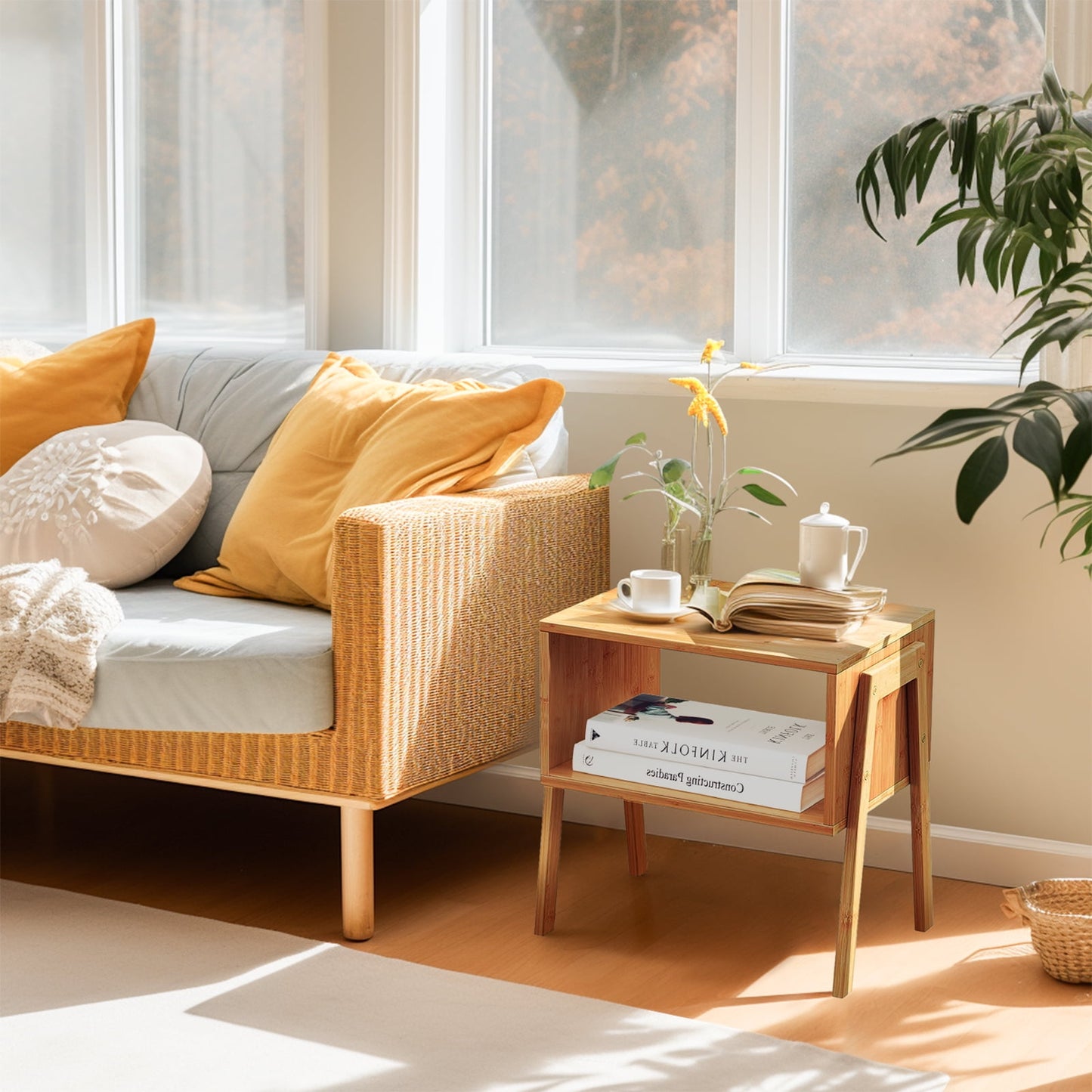 MONINXS Stackable End Tables, Bamboo Bedside Tables Storage Night tables for Bedroom, Set of 2