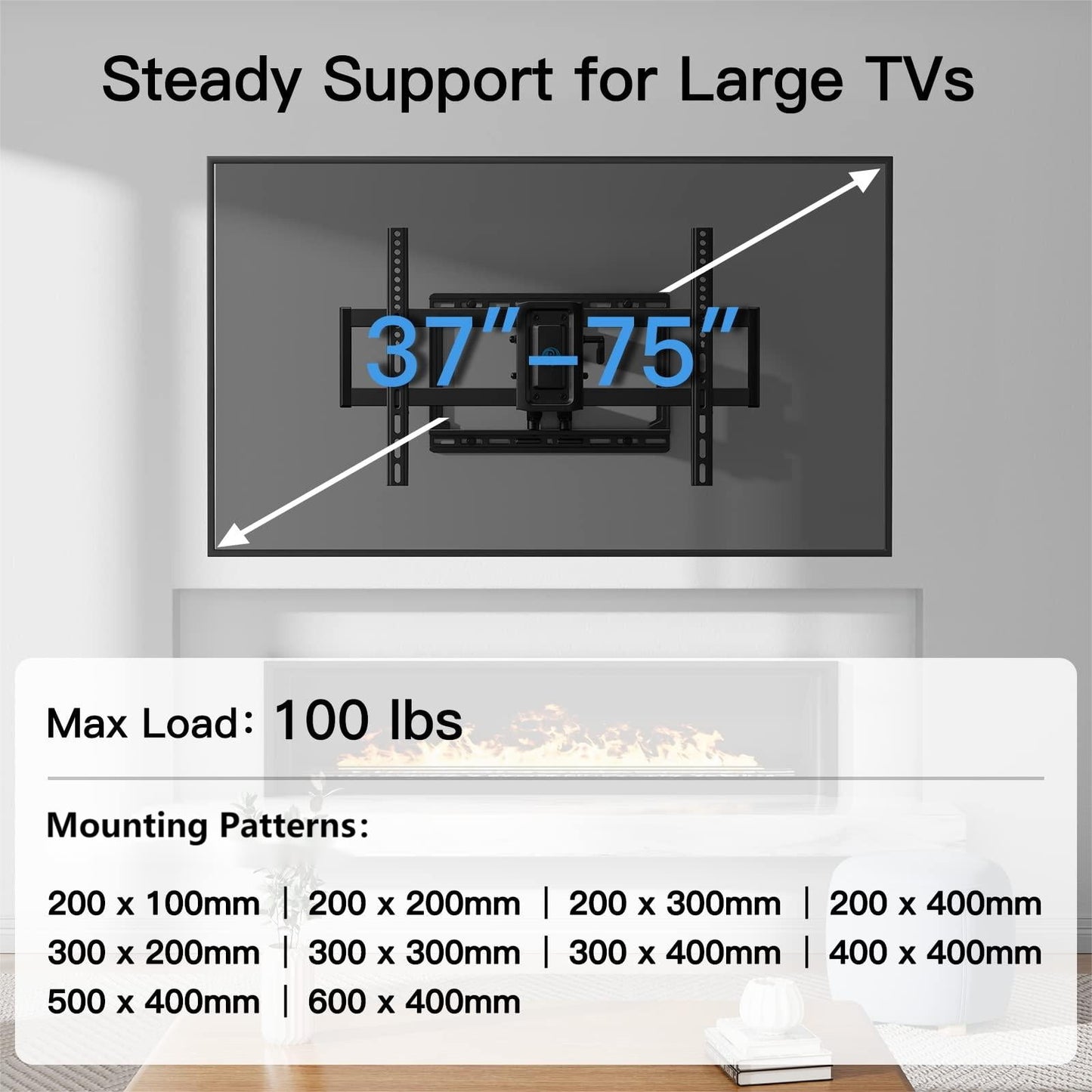 PERLESMITH Full Motion TV Wall Mount Bracket for 37-75" TVs with Swivel & Dual Articulating Extension Arms, Hold up to 100 lbs, Max 600x400mm