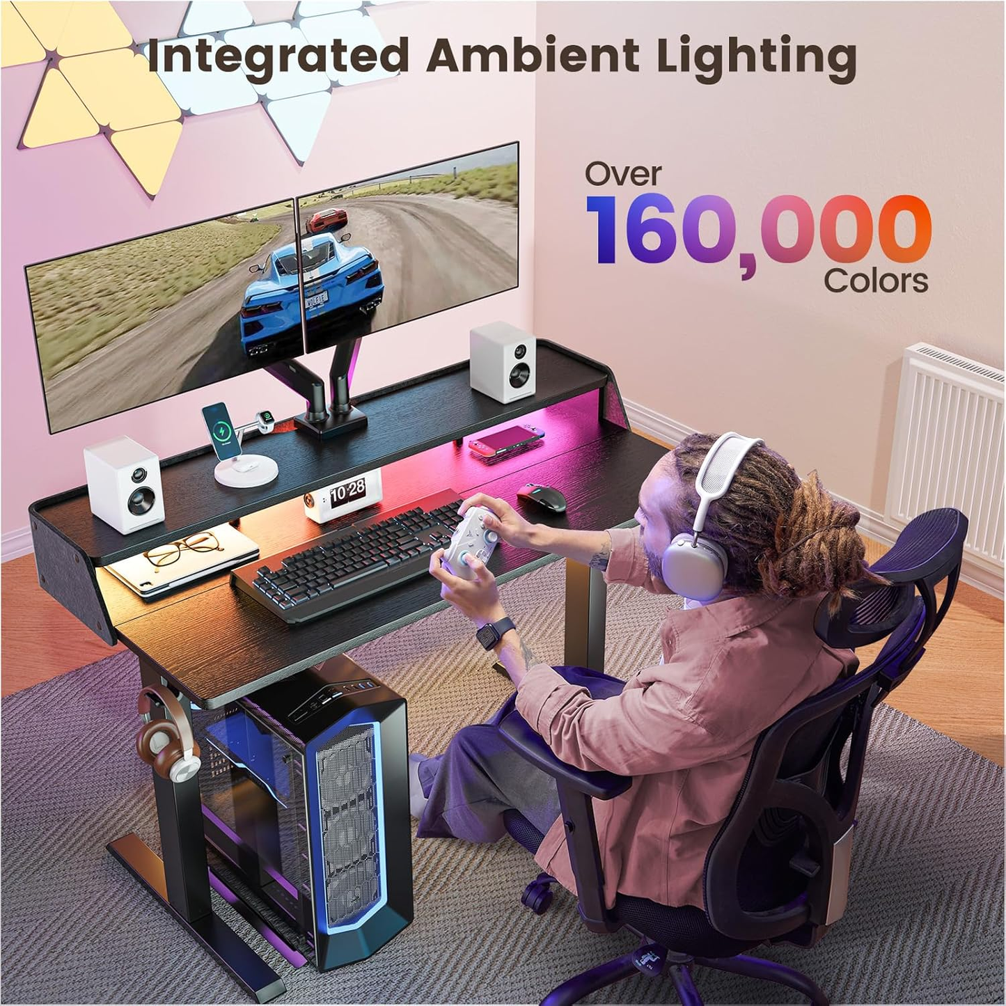 55" x 28″ Electric Standing Desk with Shelf and RGB LED Strip, Adjustable Height Computer Desk for Gaming, Home, Black