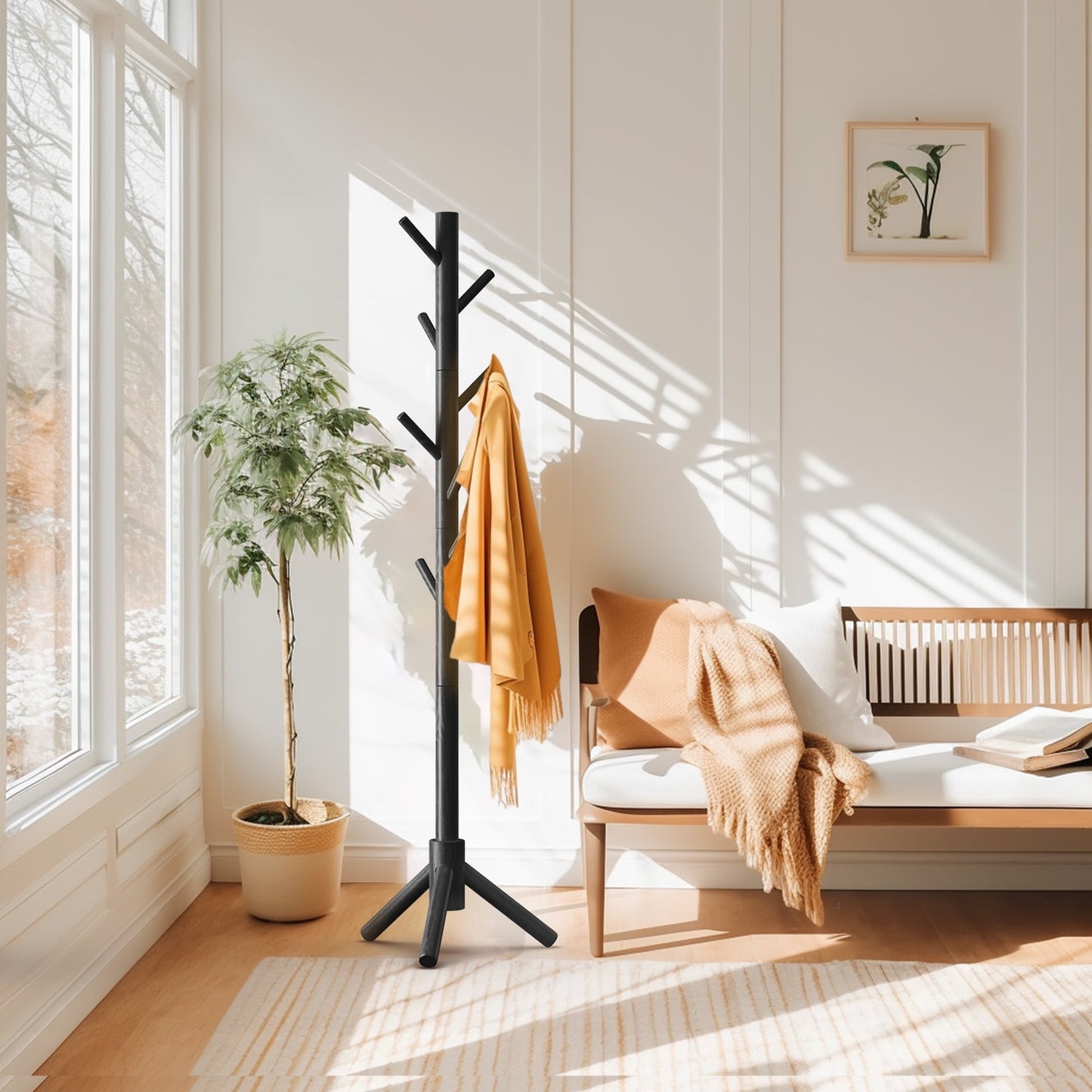 Coat Rack Stand with 3 Height Options and 8 Hooks Wooden Freestanding Coat Rack for Home, Office, Entryway, Hallway