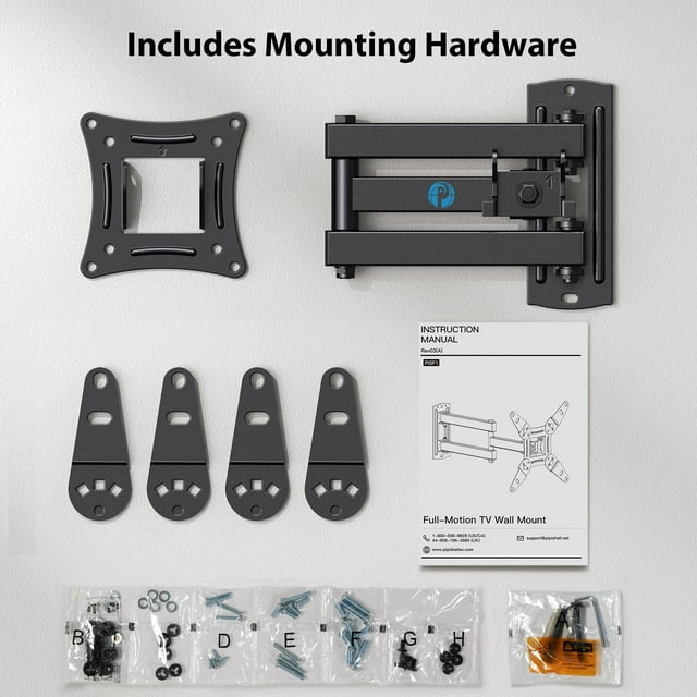 MountFTV Full Motion TV Monitor Wall Mount Bracket Articulating Arms Swivels Tilts Extension Rotation for 13-42 inch Flat Curved TVs Monitors, Max 200x200mm, Holds up to 44lbs