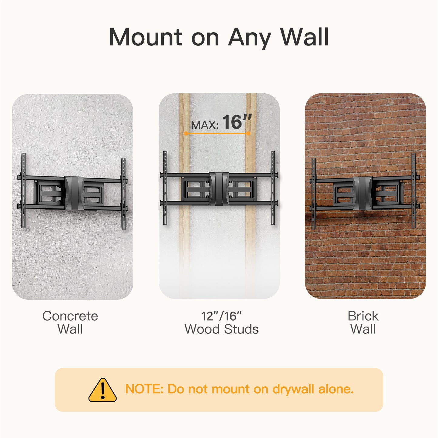 PERLESMITH Full Motion TV Mount for 37-84" TV with Swivel Tilt Extension Fits 16 to 24" Studs, Max 600x400, Holds up to 132 lbs