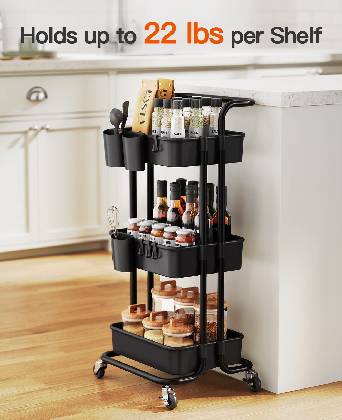 3-Tier Metal Rolling Cart Utility Cart Storage Cart with Lockable Wheels, 3 Hanging Cups & 4 Hooks for Office, Kitchen, Black