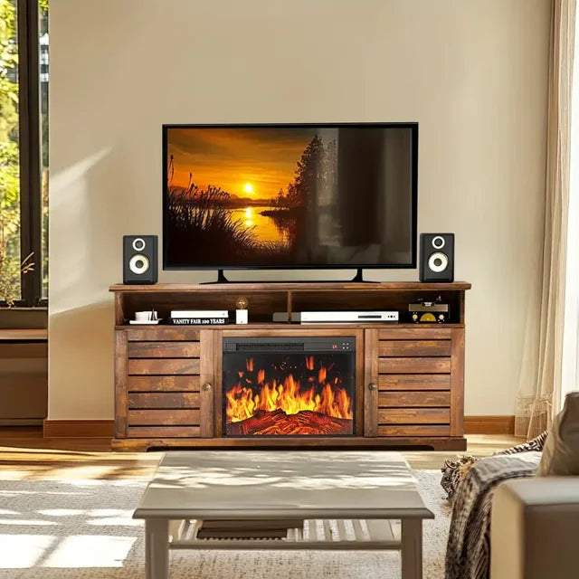 Electric Fireplace TV Stand for 70/65/60/55 Inch TVs, Farmhouse Entertainment Center with 23" Electric Fireplace with Storage, Adjustable Led Flame, Gray