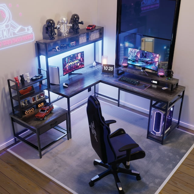 67'' L Shaped Computer Desk with Hutch & Monitor Stand Reversible L-Shaped Gaming Desk with Power Outlet & LED Strip for Home Office, Grey - Walmart.com
