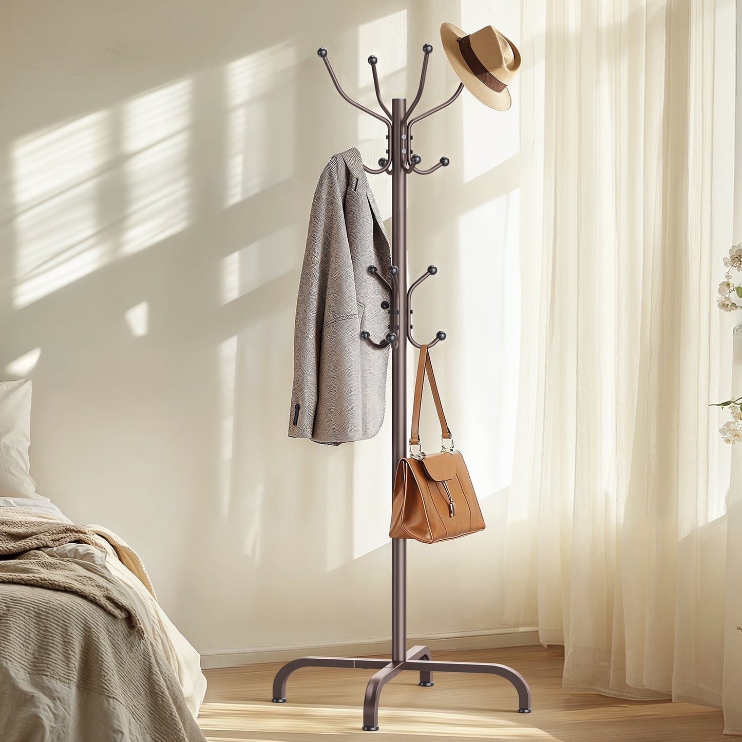CHITOOMA 14 Hooks Coat Rack Stand Metal Storage Rack Freestanding Hat Clothing Display Stand, Bronze