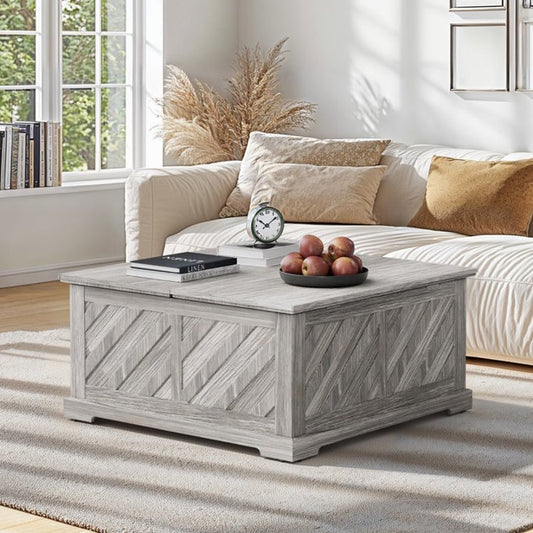 Lift Top Coffee Table, 35"x35" Wood Square Dining Center Table with Storage and Large Hidden Space for Living Room, Wash Gray