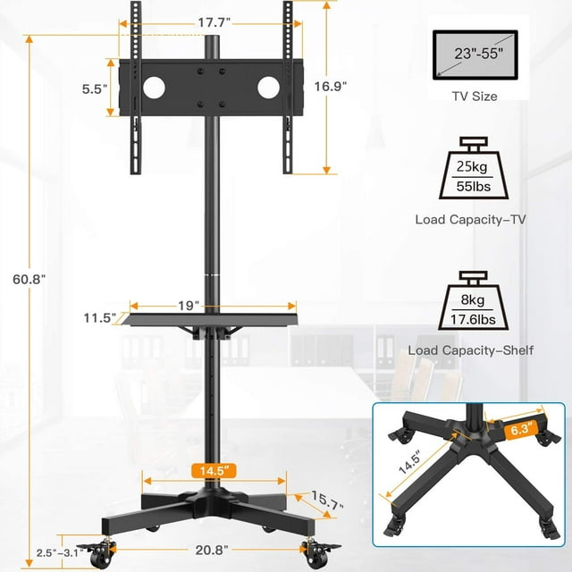 MountFTV Rolling TV Cart with Lockable Wheels for 23-60 inch LCD LED OLED Flat Curved TVs, Height Adjustable Mobile TV Stand for Home, Office, Black