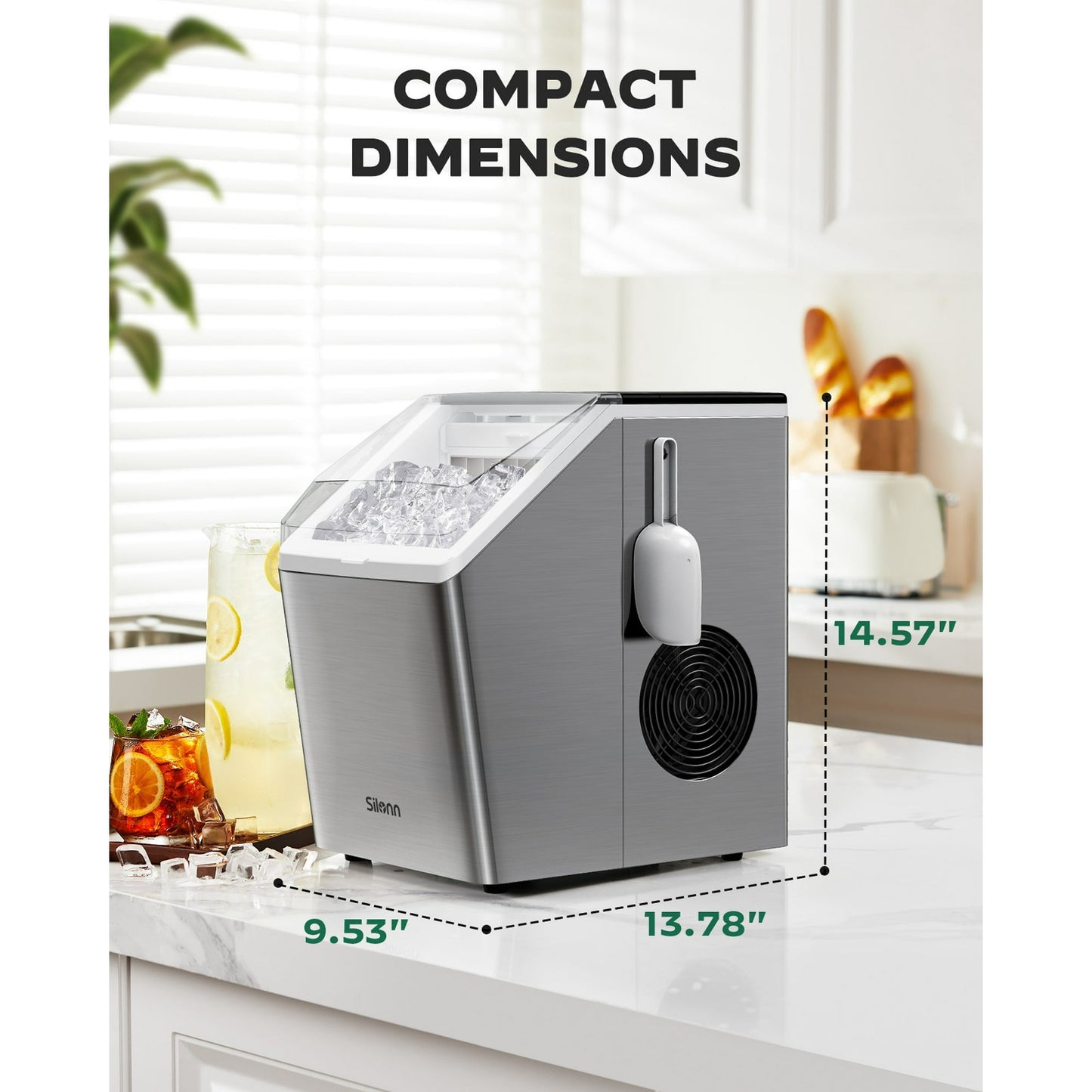 Philergo Ice Makers Countertop, 44lbs/24hrs Cubed Ice Machine with 2 Ways to Add Water, Auto Self-Cleaning for Home, Kitchen, Party, 24 Cubes Ready in 13 Mins, Stainless Steel