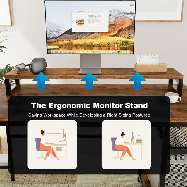 67'' L Shaped Computer Desk with Hutch & Monitor Stand Reversible L-Shaped Gaming Desk with Power Outlet & LED Strip for Home Office, Brown - Walmart.com