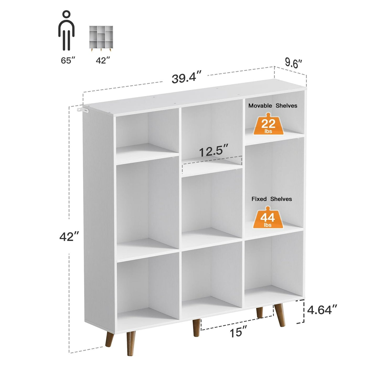 CHITOOMA Wood Bookcase with 3 Adjustable Shelves, 3-Tier 9-Cube Storage Organizer Bookshelf with Solid Legs for Home Office or Living Room, White
