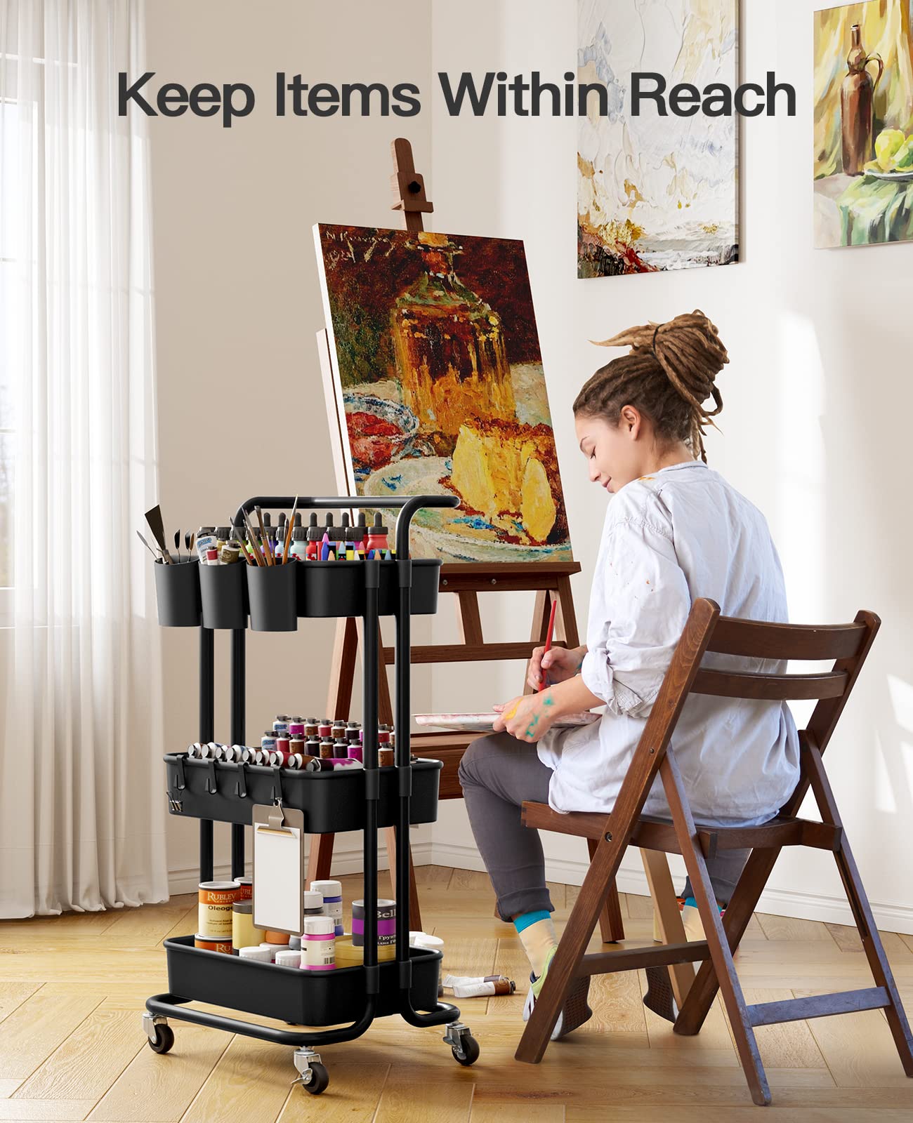 3-Tier Metal Rolling Cart Utility Cart Storage Cart with Lockable Wheels, 3 Hanging Cups & 4 Hooks for Office, Kitchen, Black