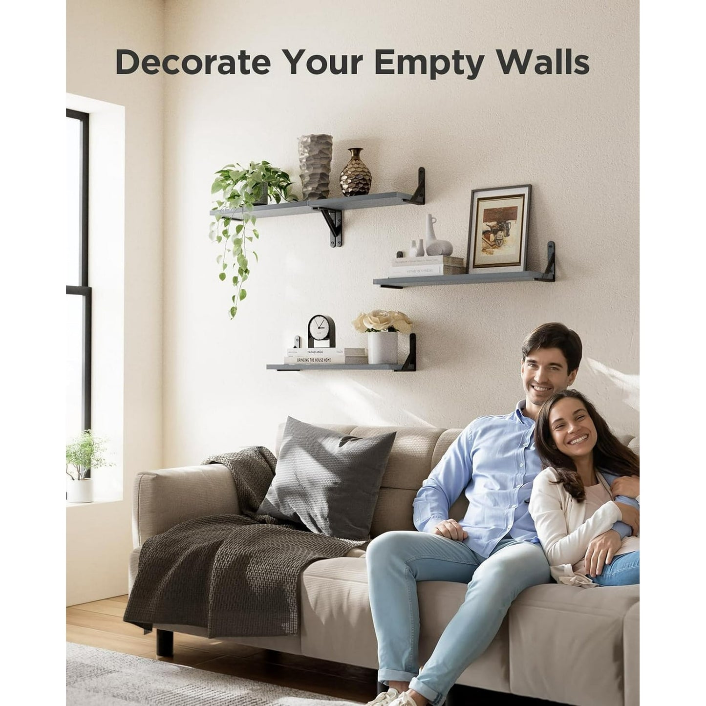 Floating Shelves Wall Mounted 4 Set,Wood Shelves for Wall Decor, Rustic Storage Shelf, Wall Shelves for Bedroom, Bathroom, Living Room, Kitchen, Office,Gray