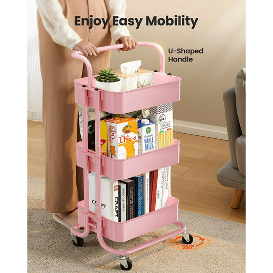 3-Tier Metal Rolling Cart Utility Cart Storage Cart with Lockable Wheels for Kitchen Bathroom Office(Pink)