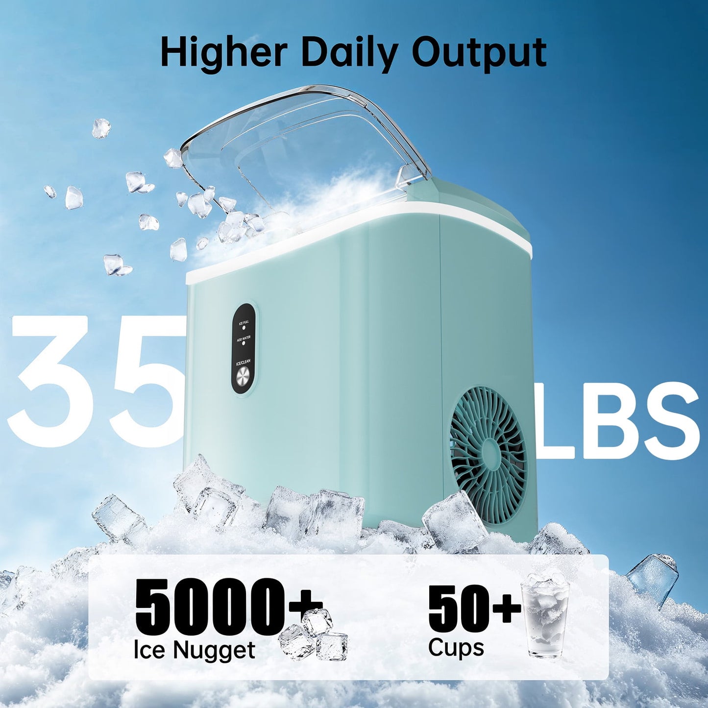Nugget Ice Maker Countertop ,Pebble Ice Maker Machine with Self-Cleaning Function, 33lbs/24H with Ice Scoop and Basket for Home/Kitchen/Office, Light Blue