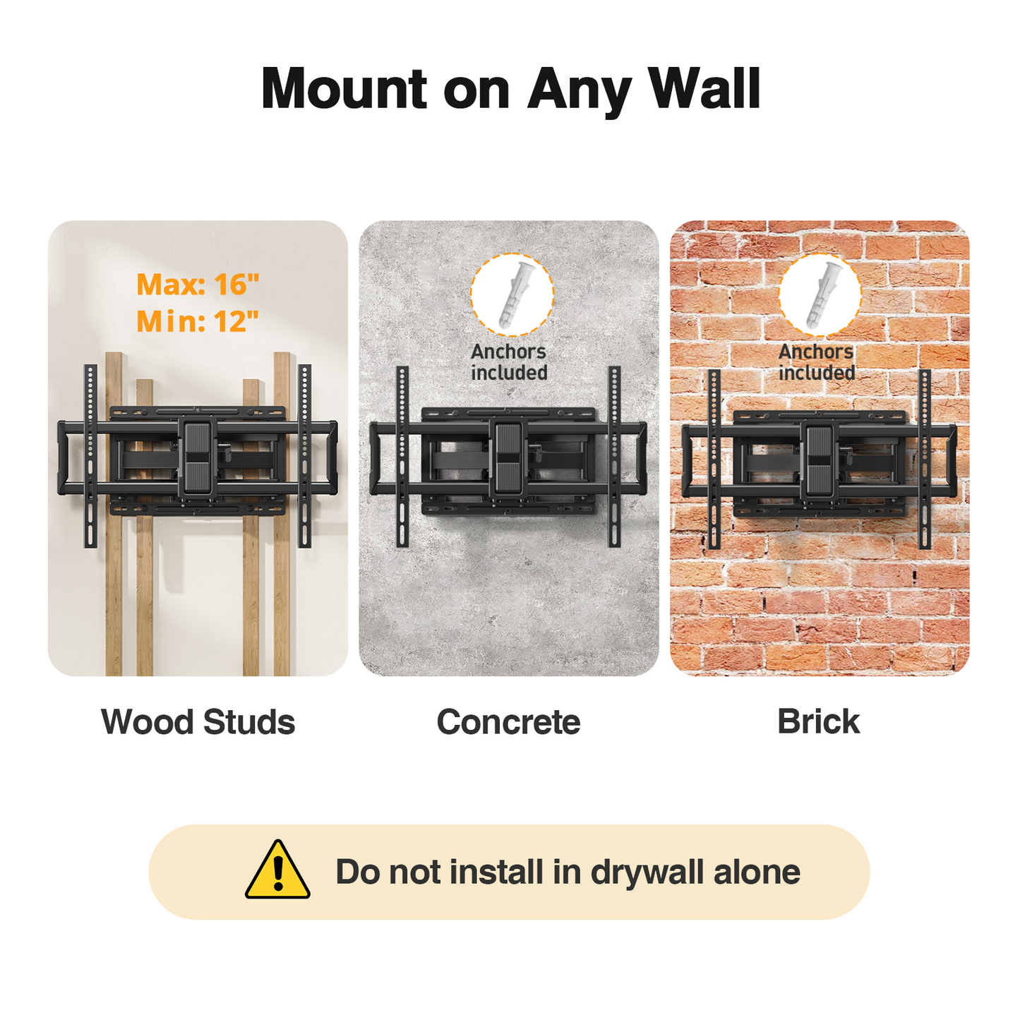 MountFTV Full Motion TV Wall Mount Bracket for 40 to 86 Inch Flat Curved TVs, 12°-16° Wood Studs, Max 600 x 400mm, Holds up to 132 lbs
