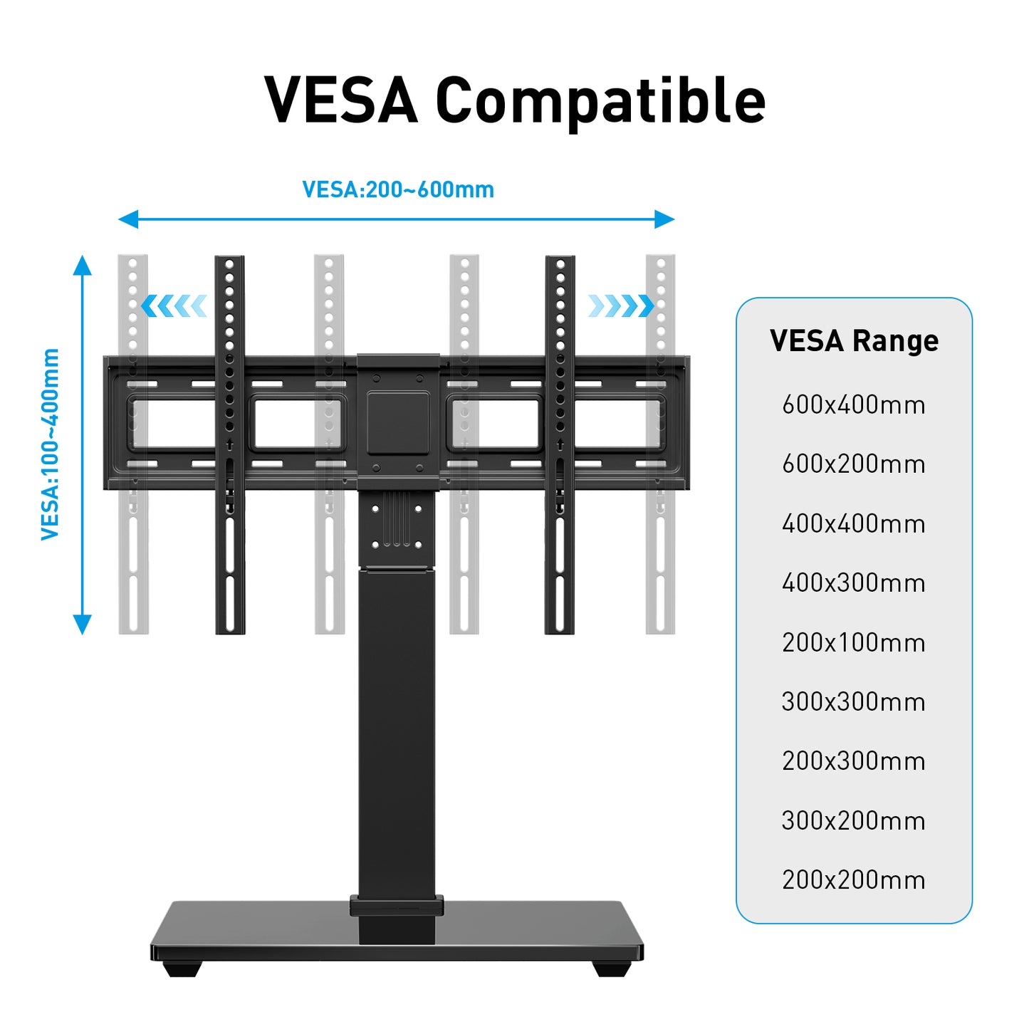 MountFTV Tabletop TV Stand Mount for 37-75 inch LCD LED TVs, Height Adjustable Universal Swivel TV Stand with Tempered Glass Base, Max 600x400mm