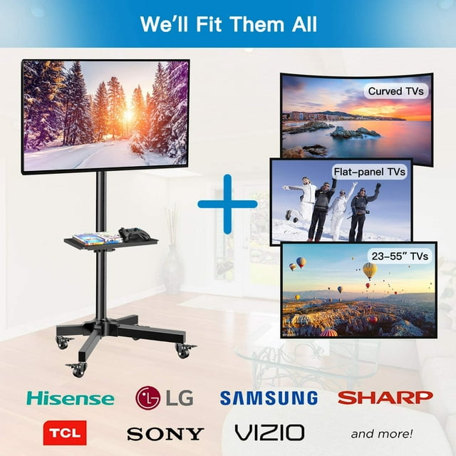 MountFTV Rolling TV Cart with Lockable Wheels for 23-60 inch LCD LED OLED Flat Curved TVs, Height Adjustable Mobile TV Stand for Home, Office, Black