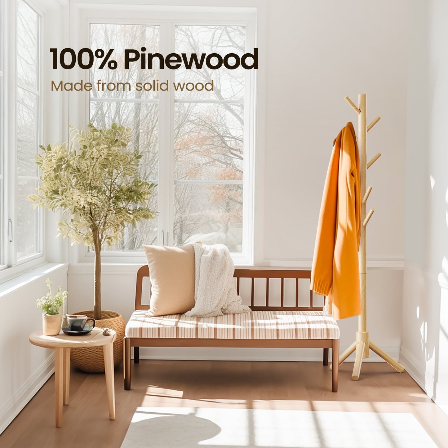Coat Rack Stand with 3 Height Options and 8 Hooks Wooden Freestanding Coat Rack for Home, Office, Entryway, Hallway