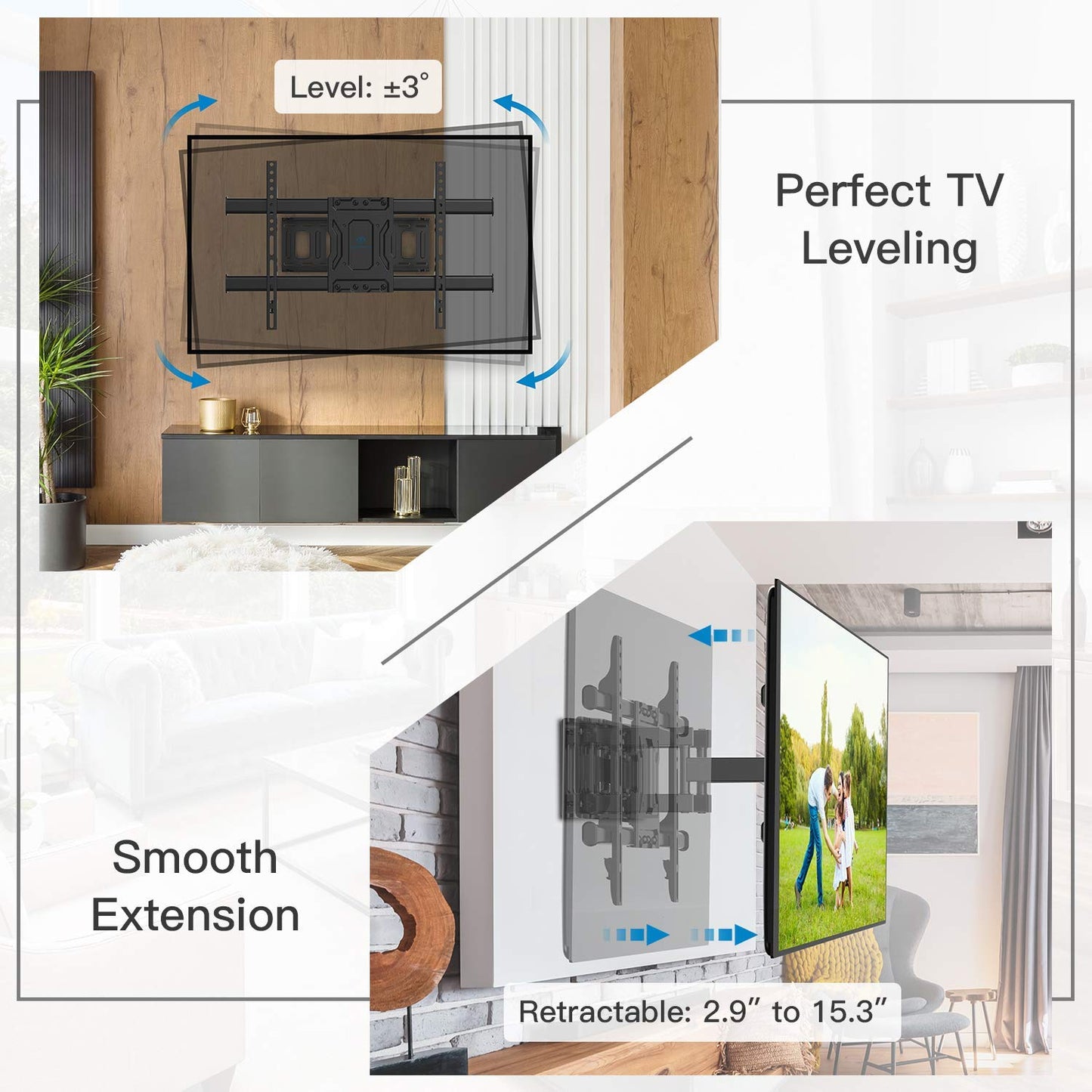MountFTV Full Motion Dual Articulating Arms Extension Rotation Tilt TV Wall Mount for 37-75 inch LED LCD OLED 4K Flat Curved TV, Max 600x400mm, Holds up to 132 lbs
