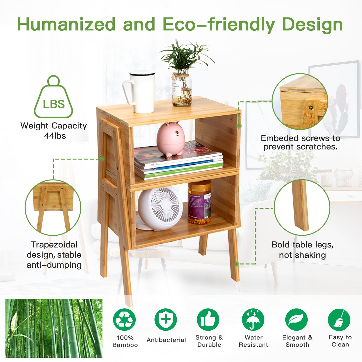 MONINXS Stackable End Tables, Bamboo Bedside Tables Storage Night tables for Bedroom, Set of 2