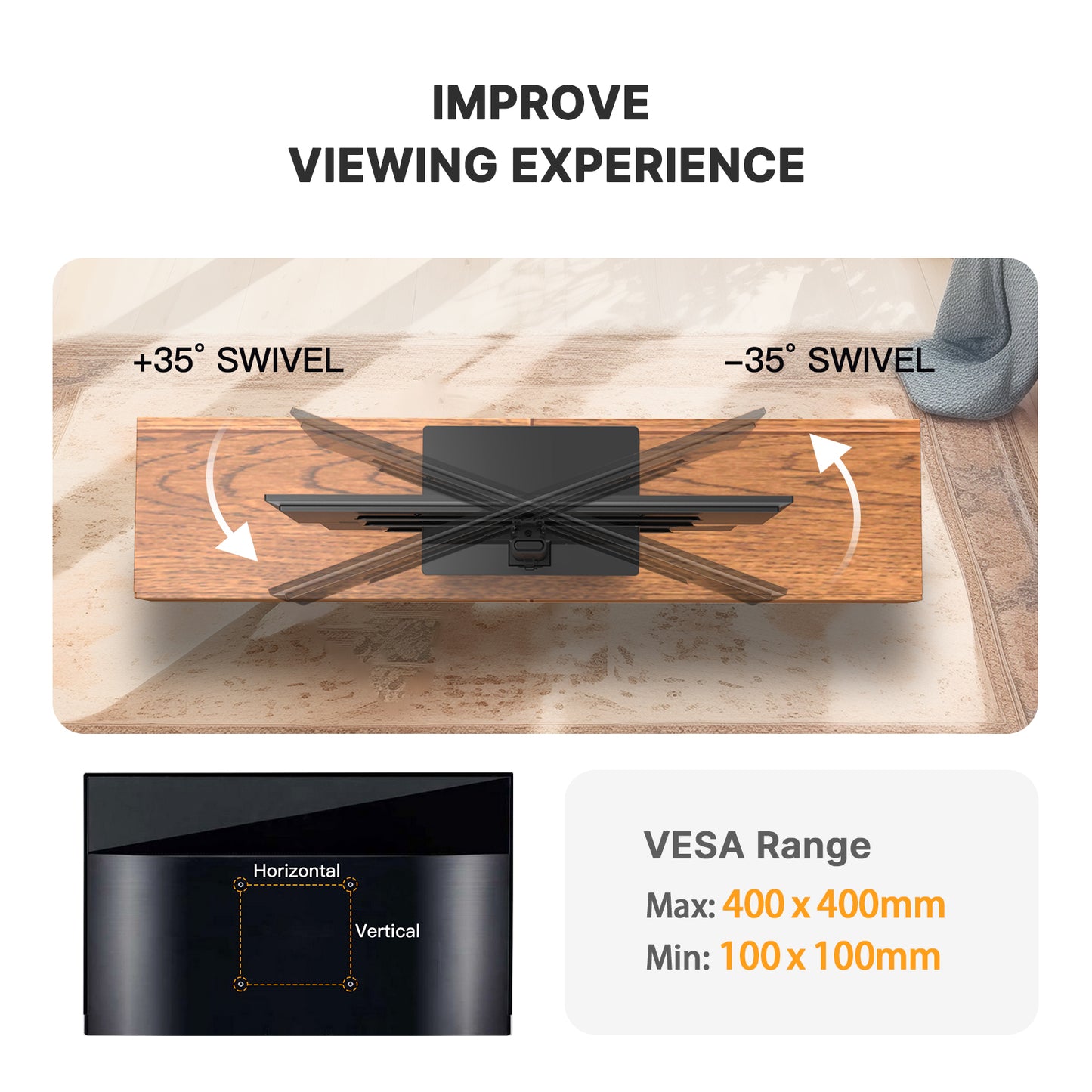 MountFTV Modern Black Universal Table Top Swivel TV Stand TV Mount Glass Base for 32-65 inch LCD LED TVs, up to 35° Swivel, Alloy Steel