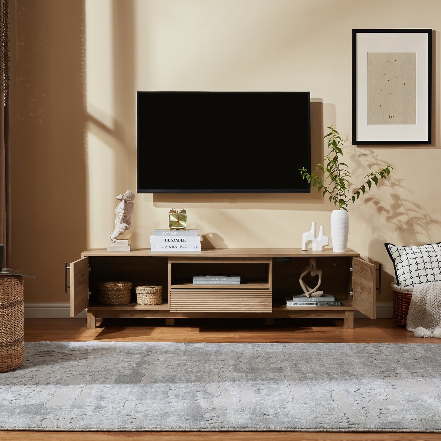 Mid-Century Modern Low Profile Entertainment TV Stand for 65/60/55 inch TV, Farmhouse Entertainment Center with 2 Fluted Door and Storage Living Room, Nature