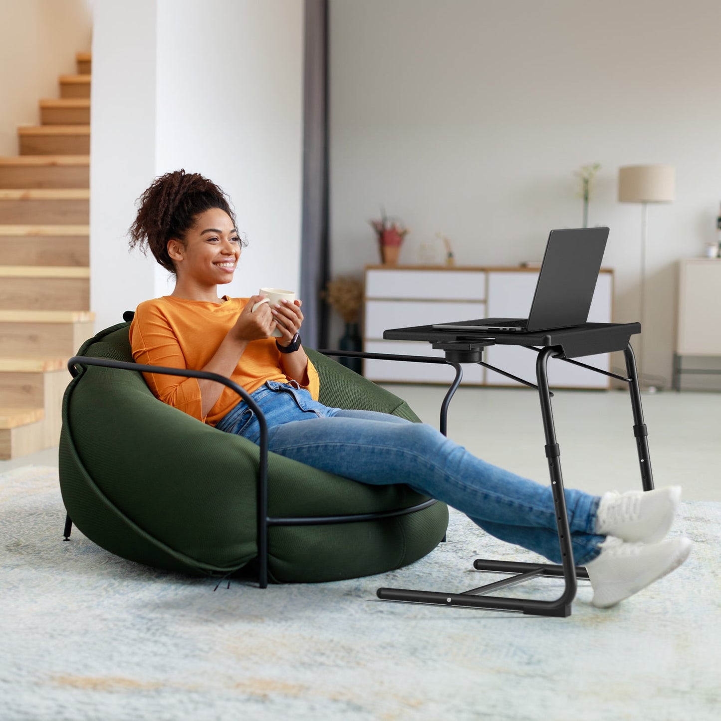 CHITOOMA Adjustable TV Tray Table with Cup Holders, Portable Dinner Tray Table, Foldable, 6 Heights&3 Tilt Angle for Living Room Office Bedroom, Gray