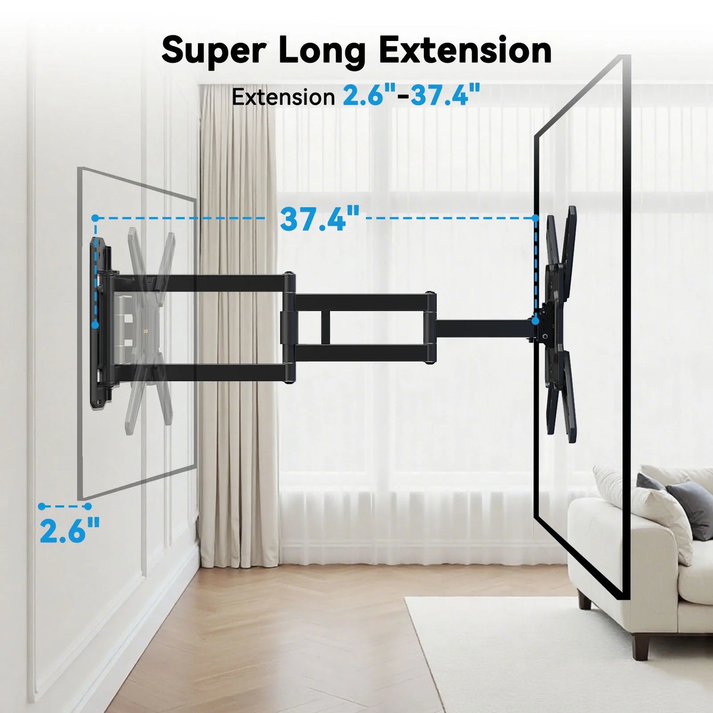MountFTV Full Motion Long Arm TV Wall Mount for 26-65 Inch TVs, 37.4” Long Extension Corner TV Mount Bracket with Tilt, Swivel, Max 400 x 400mm, Holds up to 110 lbs, Single Wood Studs