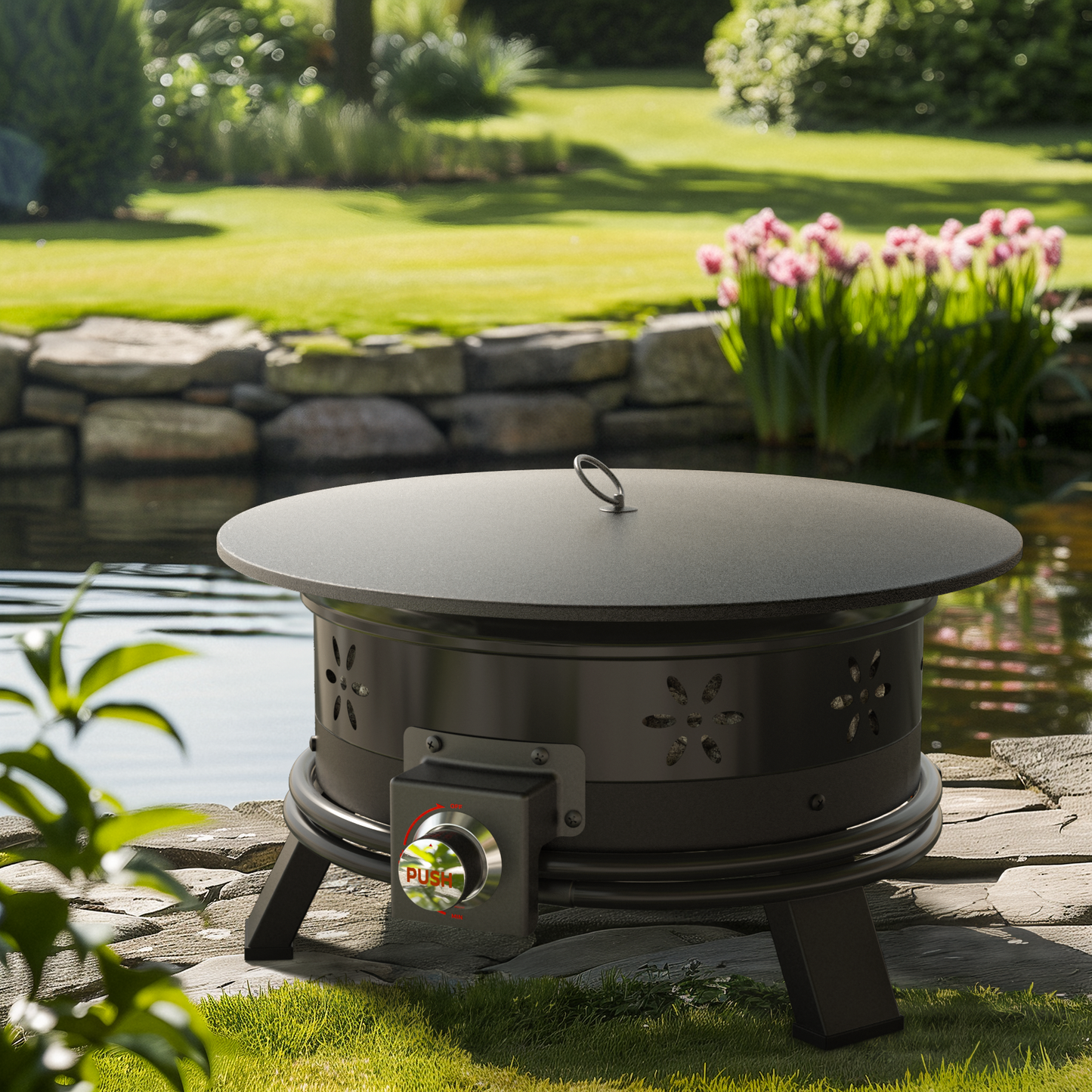 24 inch Portable Fire Pits with Grill for Outside 58000 BTU Gas Fire Bowl with Foldable Legs & Lid & Carry Kit & Lava Rock Stone