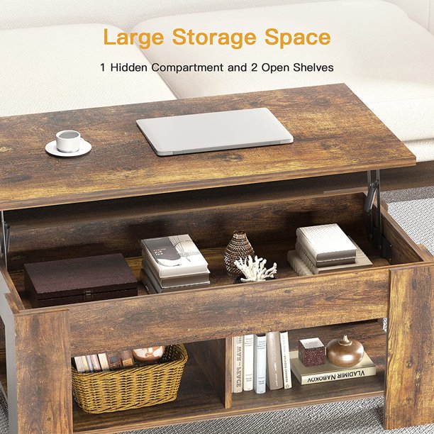 39.4" Lift Top Coffee Table with Storage Compartment and Shelves for Living Room, Vintage Brown - Walmart.com