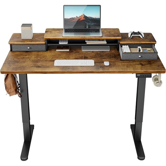 Height Adjustable Electric Standing Desk with Monitor Stand, 2 Drawers and Storage Shelf 48x24 Inches Sit Stand Up Desk, Vintage Brown - Walmart.com