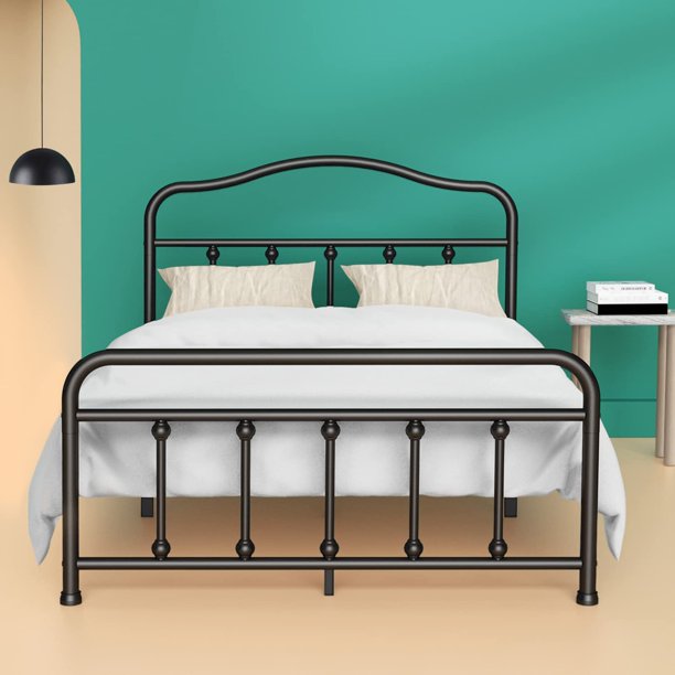 Full Size Metal Bed Frame No Box Spring Needed Platform Bed Frame with Sturdy Steel Headboard and Footboard, Black - Walmart.com