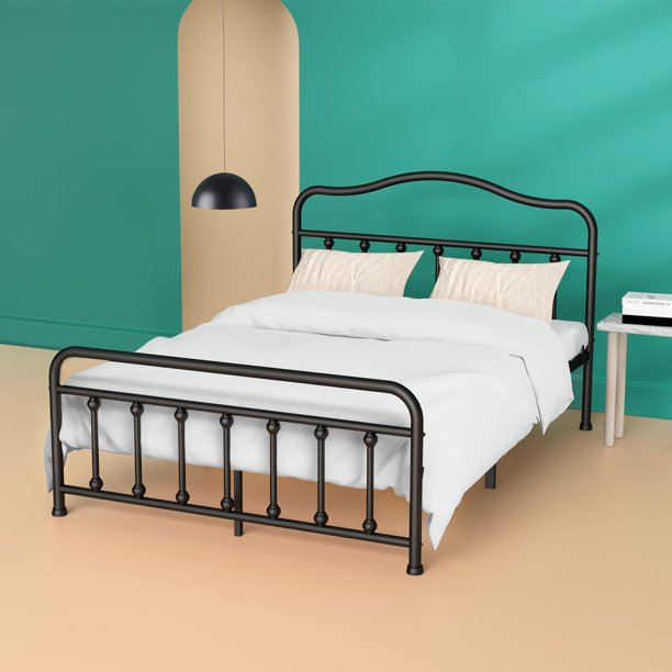 Queen Size Metal Bed Frame No Box Spring Needed Platform Bed Frame with Sturdy Steel Headboard and Footboard, Black - Walmart.com
