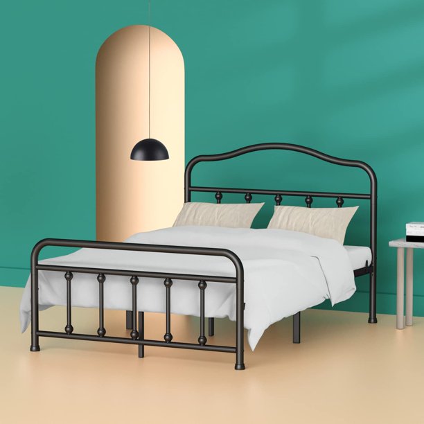 Full Size Metal Bed Frame No Box Spring Needed Platform Bed Frame with Sturdy Steel Headboard and Footboard, Black - Walmart.com