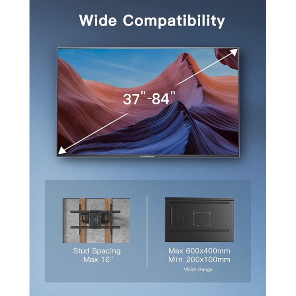 Myfurnideal Full Motion TV Wall Mount for Most 37-84 Inch Flat Curved Screen Wall Bracket with Articulating Arms, Holds up to 132lbs, Max 600x400mm - Walmart.com